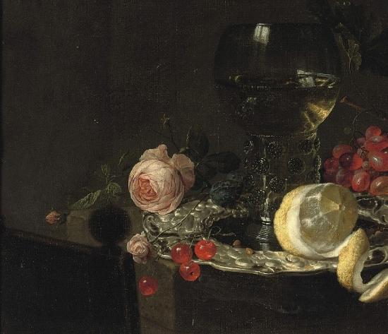 simon luttichuys A 'Roemer' with white wine, a partially peeled lemon, cherries and other fruit on a silver plate with a rose and grapes on a stone ledge oil painting picture